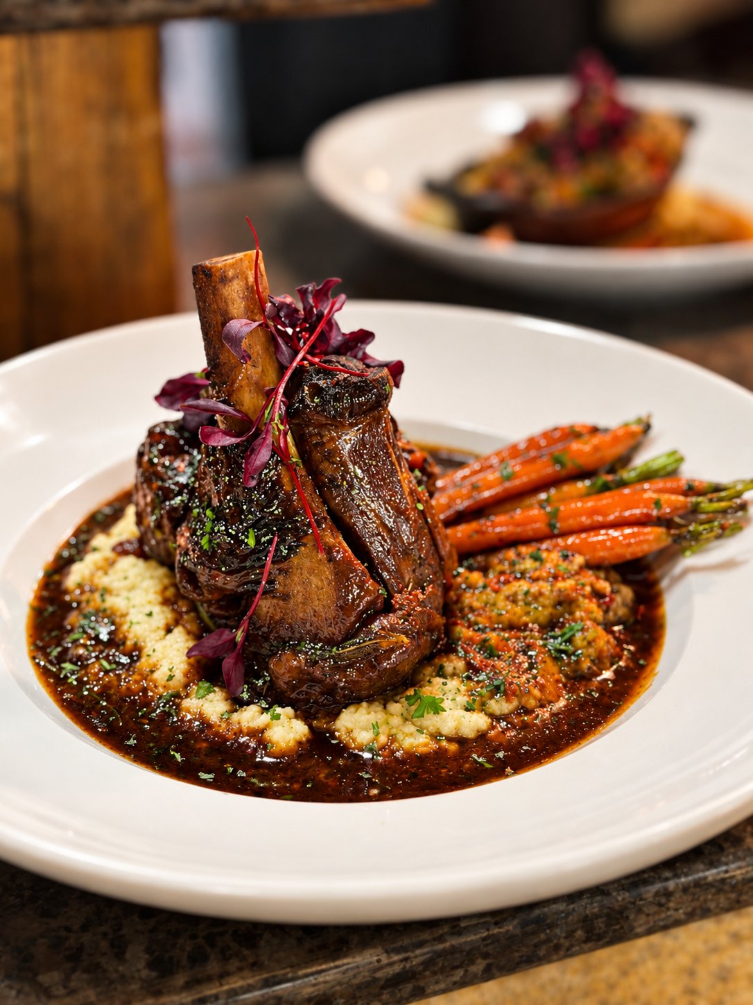 Braised shank with polenta and roasted carrots
